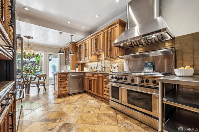68 Castro St, San Francisco, CA 94114 - kitchen with wall chimney range hood, appliances with stainless steel finishes, brown cabinetry, a sink, and glass insert cabinets