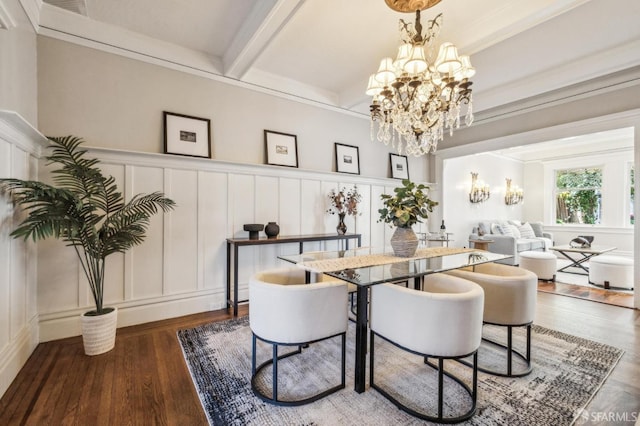 68 Castro St, San Francisco, CA 94114 - dining space featuring a decorative wall, wood finished floors, beamed ceiling, a chandelier, and a wainscoted wall