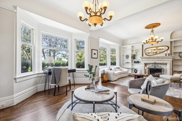 68 Castro St, San Francisco, CA 94114 - living room featuring a chandelier, wood finished floors, baseboards, a premium fireplace, and crown molding