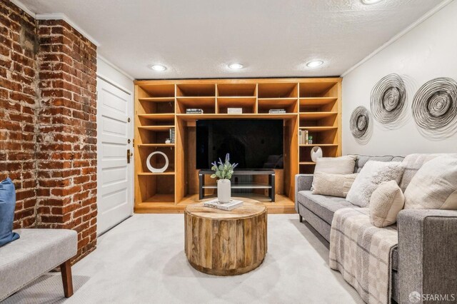 68 Castro St, San Francisco, CA 94114 - living area featuring carpet floors, crown molding, built in shelves, recessed lighting, and a textured ceiling