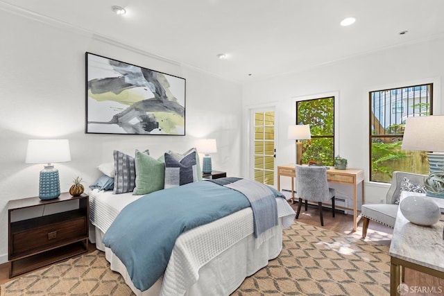 536 Wisconsin St, San Francisco, CA 94107 - bedroom with crown molding, light wood-style flooring, recessed lighting, and a baseboard radiator