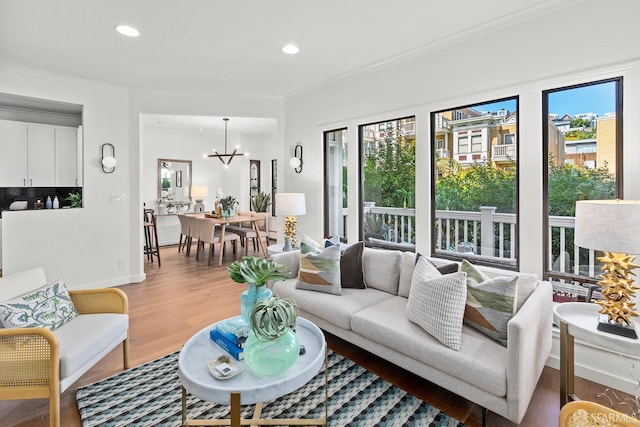 536 Wisconsin St, San Francisco, CA 94107 - living area with wood finished floors, a chandelier, ornamental molding, and recessed lighting