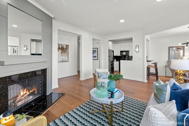 536 Wisconsin St, San Francisco, CA 94107 - living area featuring crown molding, a premium fireplace, wood finished floors, and recessed lighting