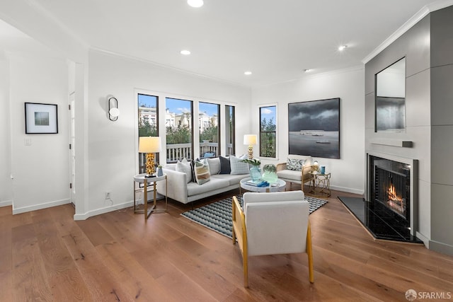 536 Wisconsin St, San Francisco, CA 94107 - living area featuring a warm lit fireplace, ornamental molding, wood finished floors, and recessed lighting