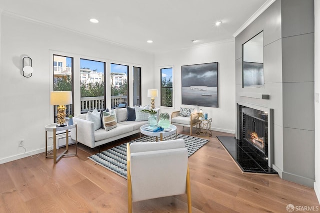 536 Wisconsin St, San Francisco, CA 94107 - living area with crown molding, light wood-style floors, a high end fireplace, and recessed lighting