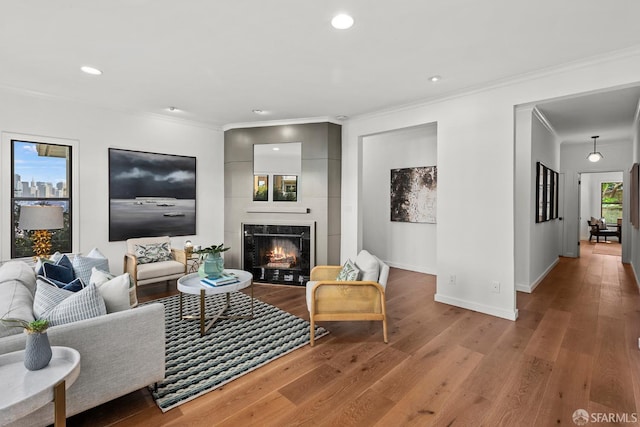 536 Wisconsin St, San Francisco, CA 94107 - living area featuring wood finished floors, a premium fireplace, ornamental molding, and recessed lighting