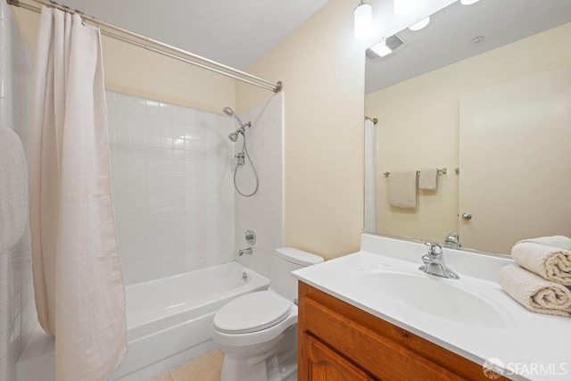 bathroom with visible vents, vanity, shower / bathtub combination with curtain, and toilet