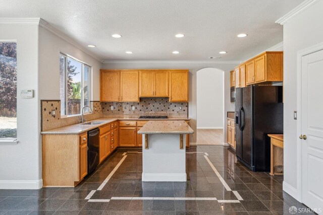 5317 Judsonville Dr, Antioch, CA 94531 - kitchen featuring black appliances, granite tiled floors, a sink, baseboards, and ornamental molding