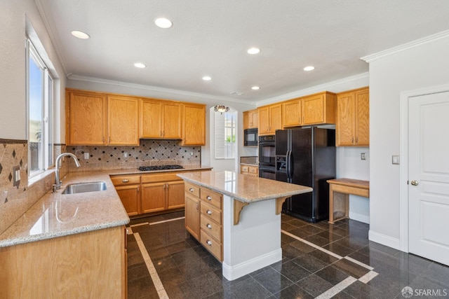 5317 Judsonville Dr, Antioch, CA 94531 - kitchen featuring black appliances, granite tiled floors, a sink, crown molding, and light stone countertops