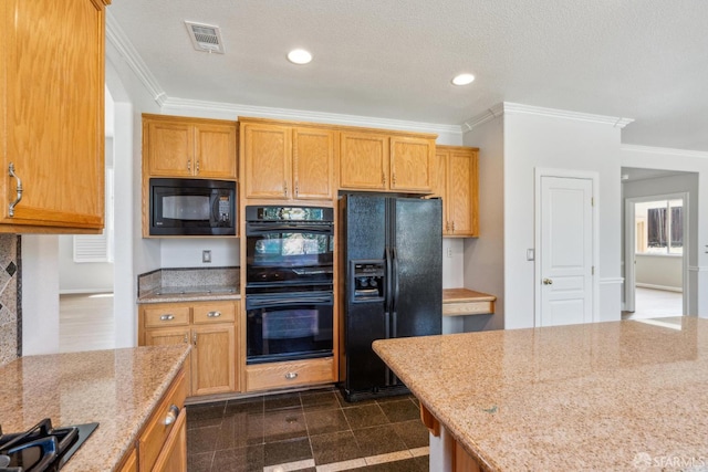 5317 Judsonville Dr, Antioch, CA 94531 - kitchen featuring black appliances, ornamental molding, light stone countertops, and recessed lighting