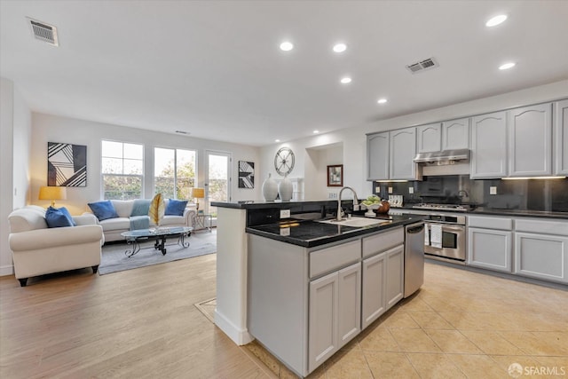 kitchen with sink, a kitchen island with sink, appliances with stainless steel finishes, and decorative backsplash