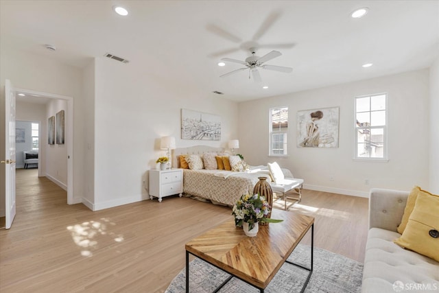 bedroom featuring ceiling fan and light hardwood / wood-style floors