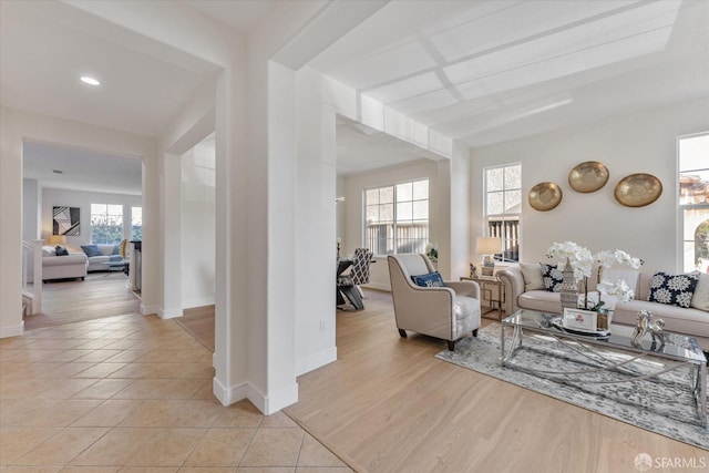 living room with light tile patterned flooring