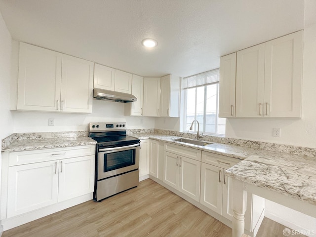 kitchen with sink, white cabinetry, a textured ceiling, stainless steel electric range, and light wood-type flooring