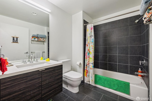 full bathroom with vanity, shower / bath combo, toilet, and tile patterned flooring