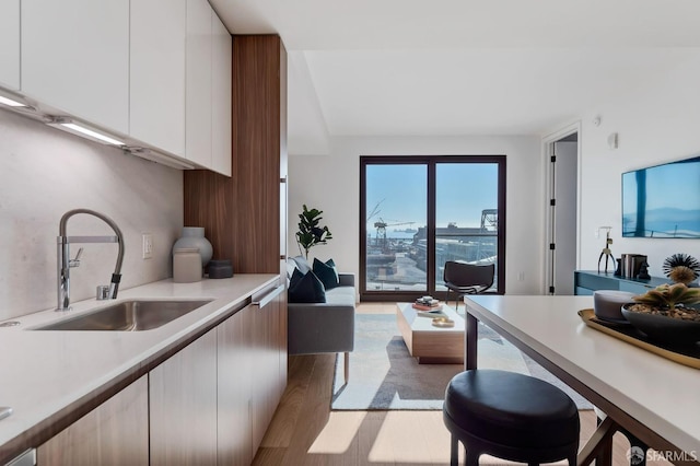 2177 3rd St Unit 422, San Francisco, CA 94107 - kitchen featuring a sink, light countertops, modern cabinets, white cabinetry, and wood finished floors
