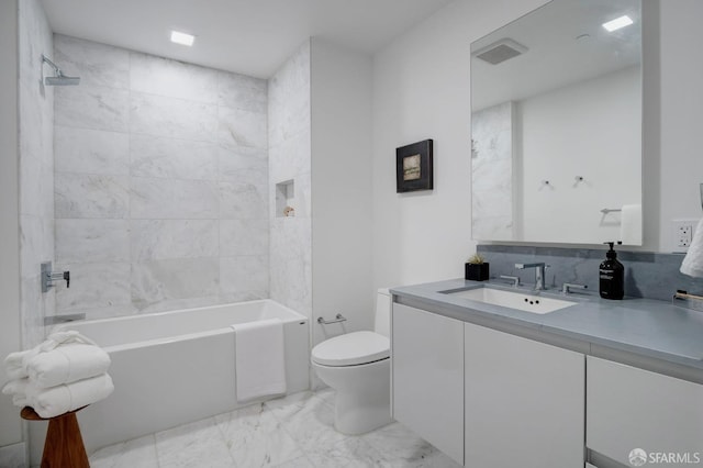 2177 3rd St Unit 422, San Francisco, CA 94107 - full bathroom featuring marble look tile flooring, vanity, toilet, and bathtub / shower combination