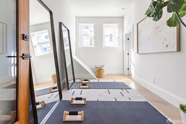 workout area featuring a wealth of natural light and light hardwood / wood-style floors