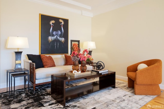 living room featuring crown molding and hardwood / wood-style floors