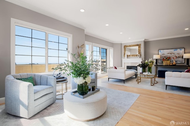 living room with crown molding and hardwood / wood-style floors