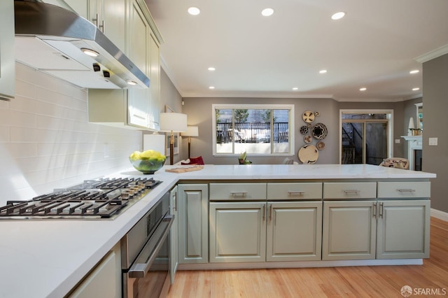 kitchen with appliances with stainless steel finishes, kitchen peninsula, exhaust hood, and light hardwood / wood-style flooring