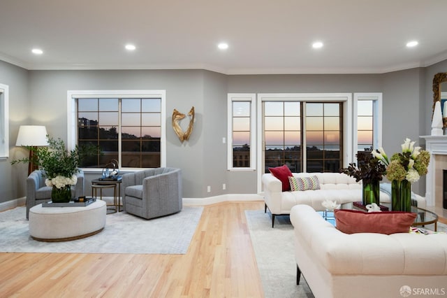 living room featuring ornamental molding, a tiled fireplace, and light hardwood / wood-style floors