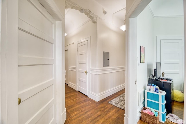 hall featuring electric panel and dark hardwood / wood-style floors