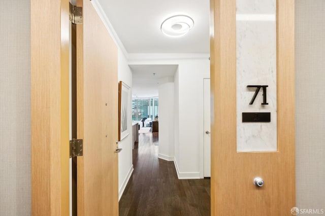 hall featuring dark wood-type flooring and ornamental molding