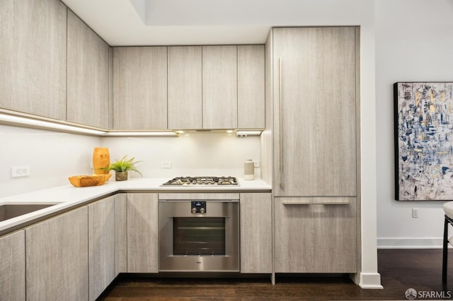 kitchen with light brown cabinetry, appliances with stainless steel finishes, and dark hardwood / wood-style floors