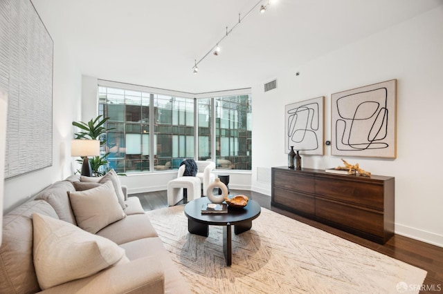 living room featuring track lighting, a healthy amount of sunlight, and hardwood / wood-style floors