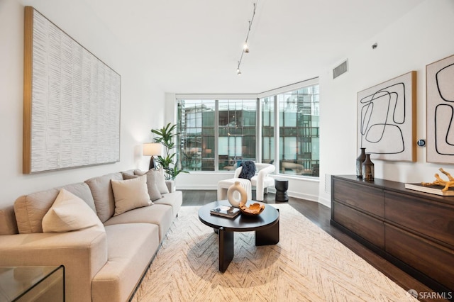 living room featuring hardwood / wood-style floors and rail lighting