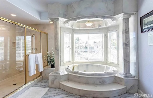 2220 Sunset Pt, Discovery Bay, CA 94505 - bathroom with decorative columns, a stall shower, a tub with jets, and marble finish floors