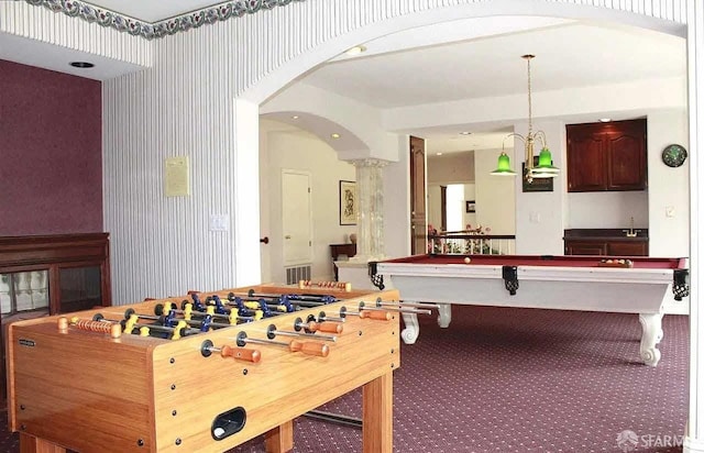 2220 Sunset Pt, Discovery Bay, CA 94505 - game room with arched walkways, billiards, carpet floors, and ornate columns