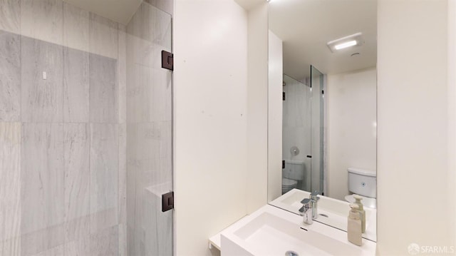 bathroom with a shower, vanity, and toilet