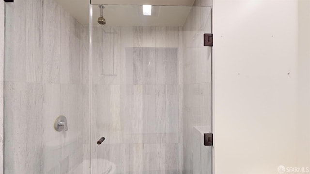 bathroom featuring a shower with door