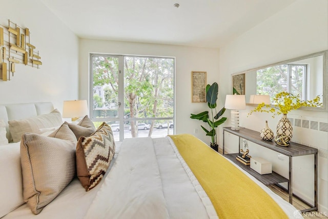 bedroom with hardwood / wood-style flooring and multiple windows