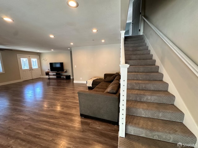 139 Hall Ln, Walnut Creek, CA 94597 - living room featuring dark wood-style flooring, recessed lighting, stairway, and baseboards