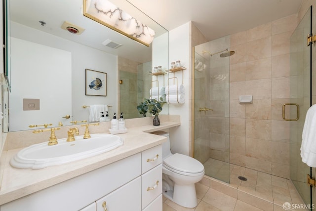 bathroom featuring a stall shower, visible vents, toilet, tile patterned flooring, and vanity