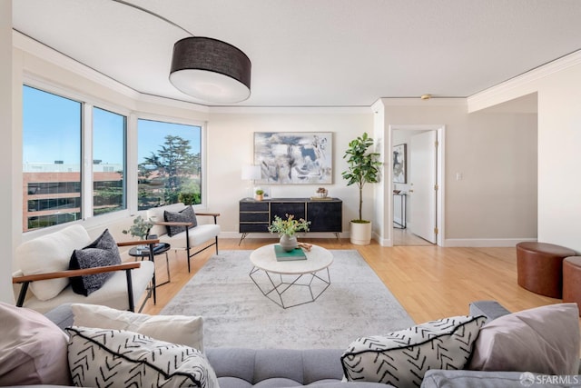 living room featuring ornamental molding, baseboards, and wood finished floors