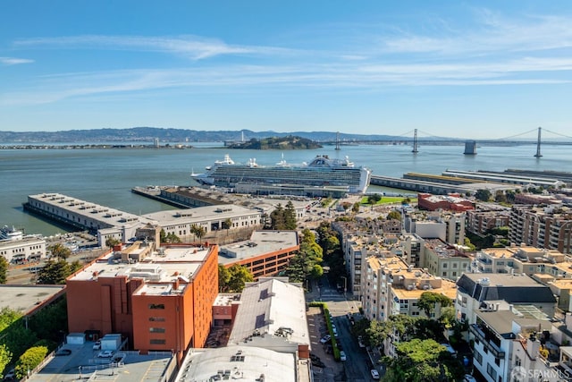 bird's eye view with a city view and a water and mountain view