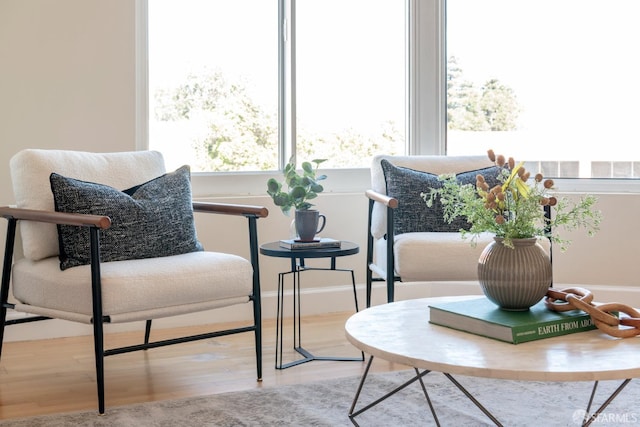 living area featuring light wood-style floors and baseboards