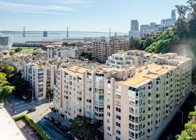 bird's eye view with a view of city and a water view