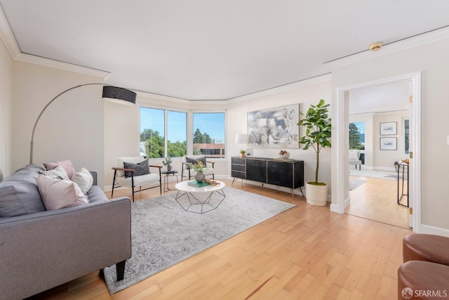 living room with ornamental molding, light wood-type flooring, and baseboards