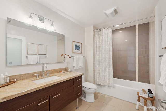 bathroom with toilet, tile patterned floors, shower / bathtub combination with curtain, and vanity