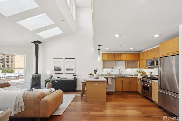 kitchen featuring appliances with stainless steel finishes, a skylight, a sink, a wood stove, and open floor plan