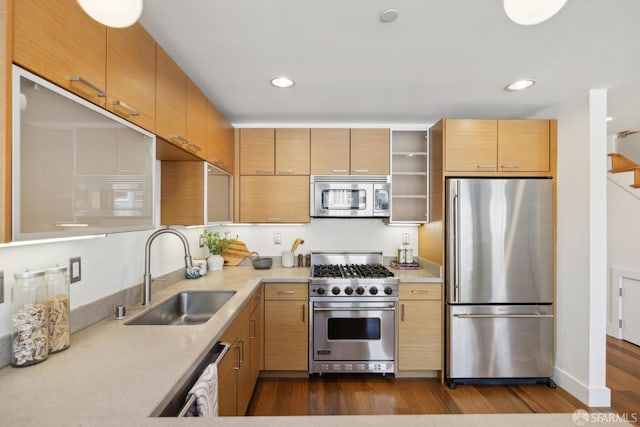 kitchen with appliances with stainless steel finishes, a sink, light countertops, recessed lighting, and dark wood-style flooring