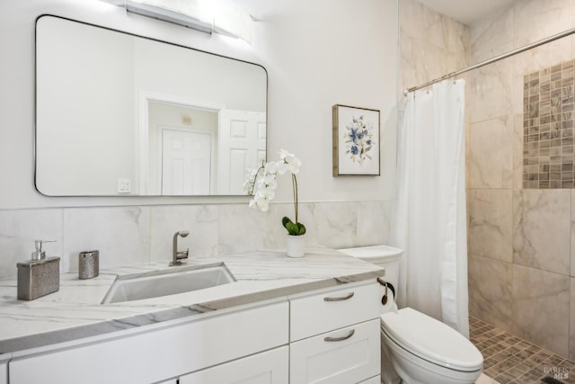 110 Baypoint Dr, San Rafael, CA 94901 - bathroom featuring a shower stall, toilet, vanity, and tile walls