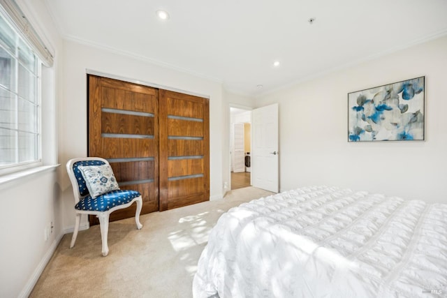 110 Baypoint Dr, San Rafael, CA 94901 - carpeted bedroom with crown molding, recessed lighting, and baseboards