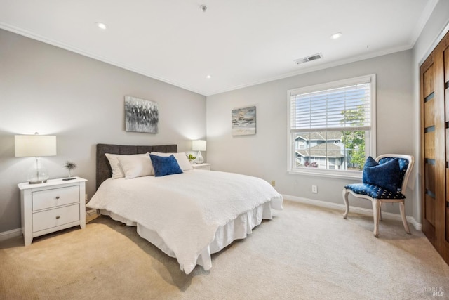 110 Baypoint Dr, San Rafael, CA 94901 - bedroom featuring light carpet, crown molding, baseboards, and recessed lighting