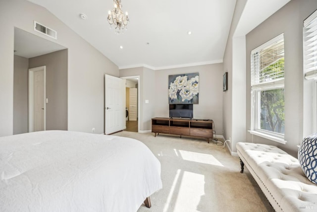 110 Baypoint Dr, San Rafael, CA 94901 - bedroom with light colored carpet, vaulted ceiling, a chandelier, and baseboards